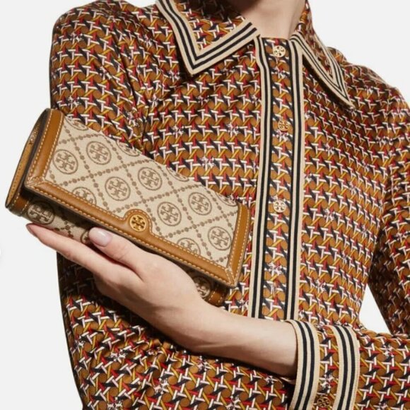 NEW! Tory Burch T Monogram Jacquard Wallet Crossbody -Hazelnut - Picture 1 of 11